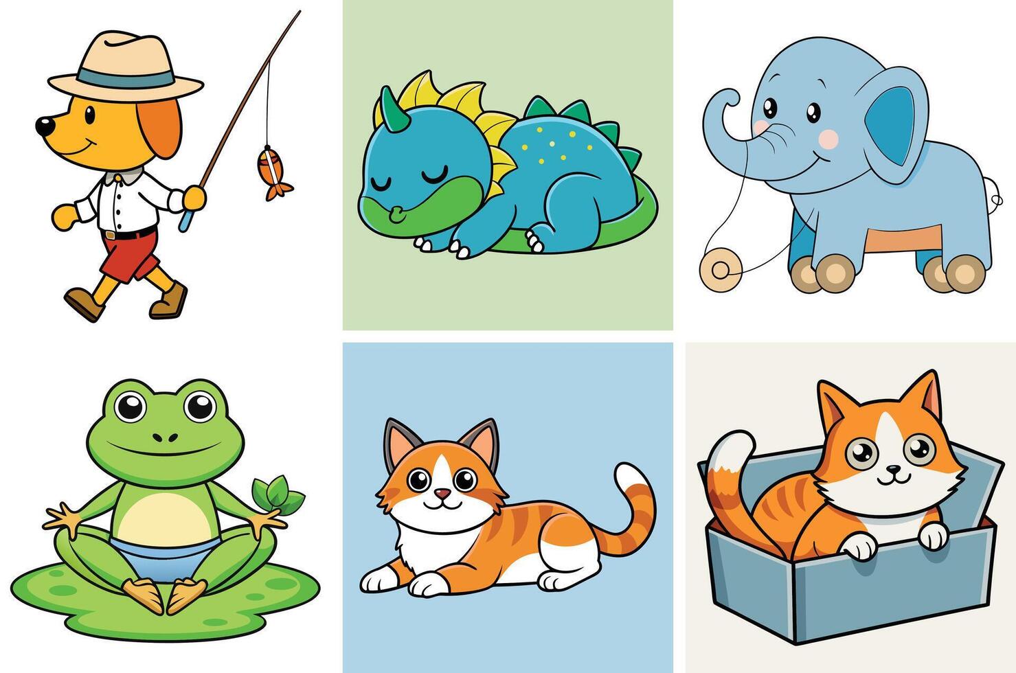 Adorable Cartoon Animals Collection Featuring Dog Frog Cat Elephant and Dinosaur vector