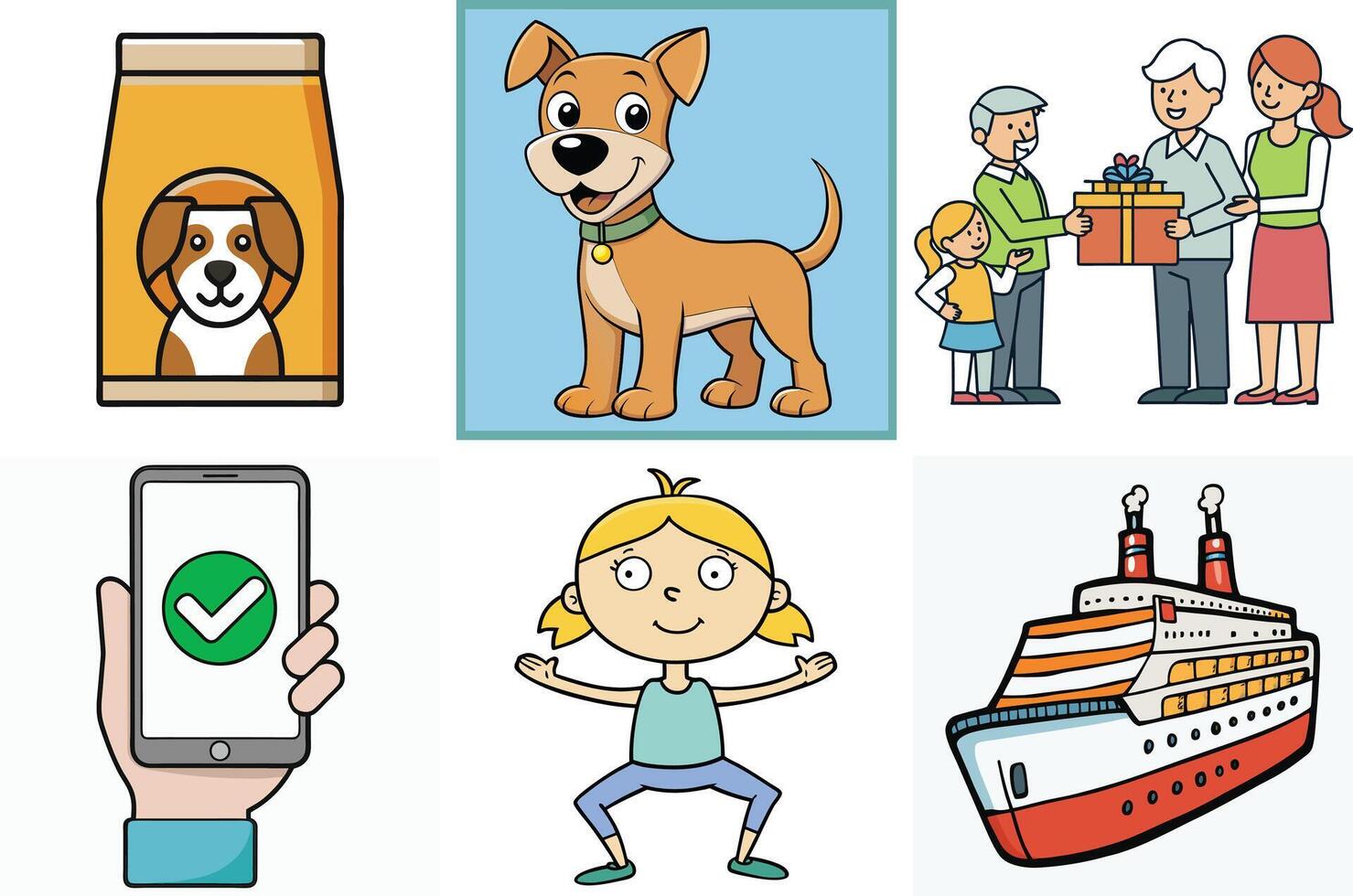 Collection of diverse cartoon illustrations featuring dog food package, a cute puppy, happy family giving a gift, a smartphone with a check mark, a girl doing yoga, and a cruise ship vector
