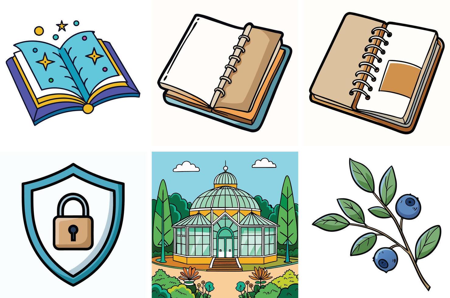 Collection of Colorful Illustrations Featuring Books Notebooks Greenhouse and Blueberries vector