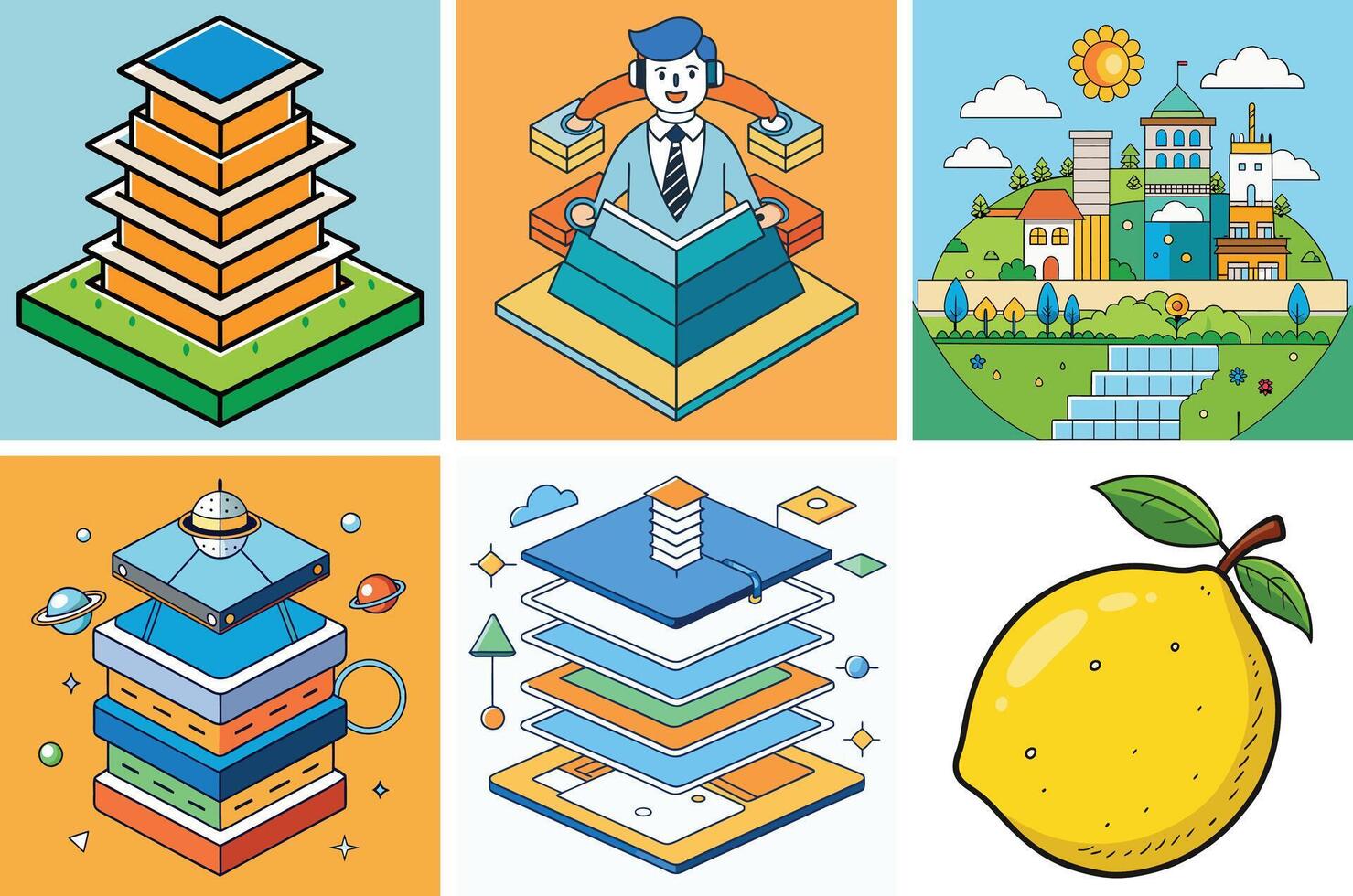 Colorful Isometric Illustrations of Buildings Cityscape Data Layers and Lemon vector