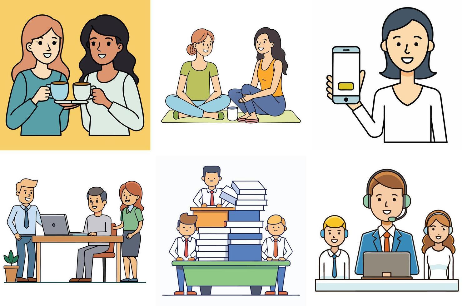 Diverse Group of People Engaging in Various Activities Teamwork Communication and Relaxation vector