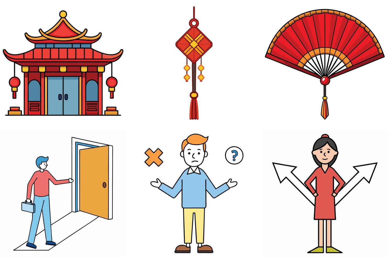 A Collection of Chinese Cultural Symbols and Illustrations of DecisionMaking vector