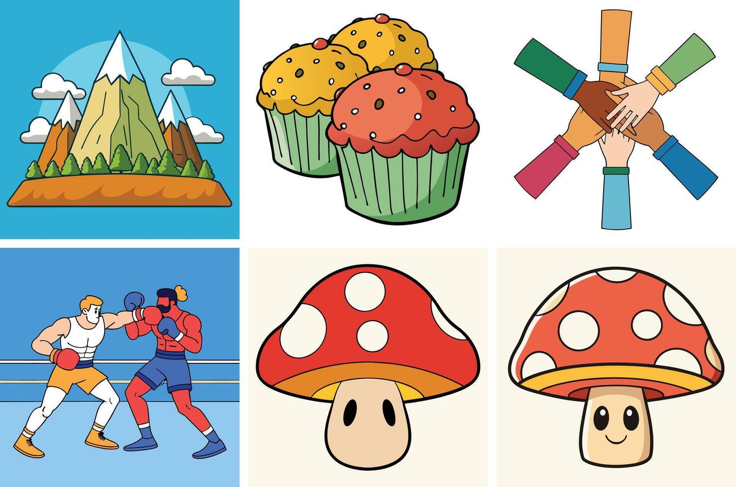 Vibrant illustrations of nature mountains cupcakes boxing mushrooms and teamwork vector