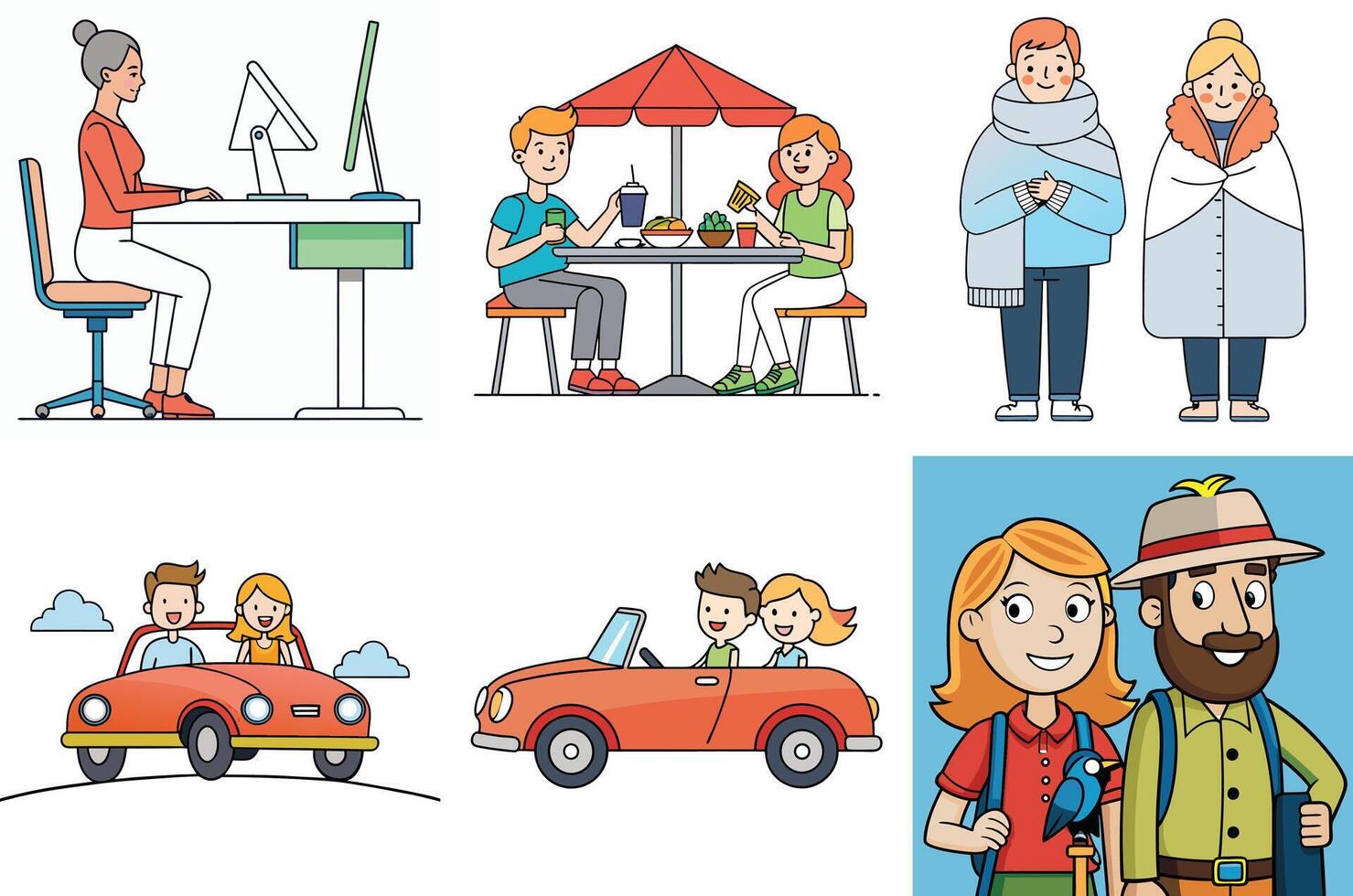 Collection of Diverse People Enjoying Various Activities such as Working on Computer, Eating at Outdoor Cafe, Relaxing in Winter Clothes, Driving a Convertible Car, and Traveling with a Bird vector