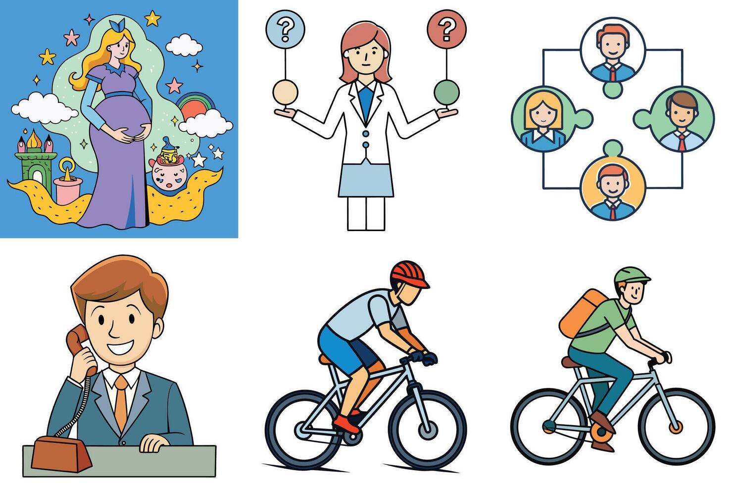 Collection of Diverse Line Art Illustrations Featuring Pregnancy Announcement Business Decision Making Teamwork Communication and Cycling vector