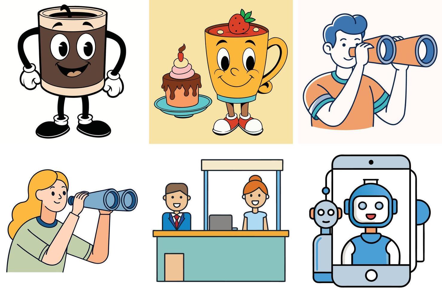 Collection of Cute Cartoon Illustrations Featuring Coffee Cups Cakes People Using Binoculars and Robots vector