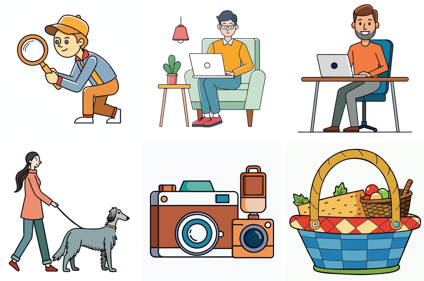 Collection of diverse illustrations depicting various lifestyle activities and leisure pursuits vector