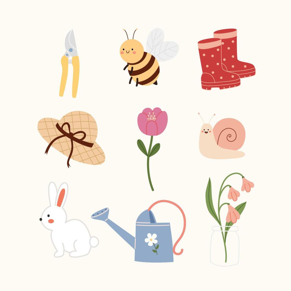 Spring and Easter elements in hand drawn flat style. Cute gardening pack. vector