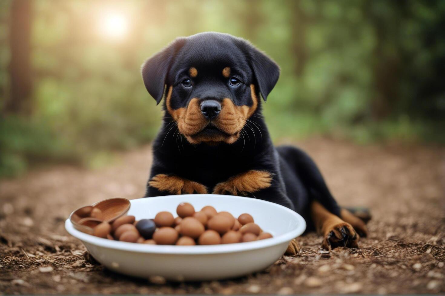 holding mouth puppy bowl Rottweiler litter run play pedigree yard game carry sweet funny adorable friends pedigreed purebred happy nature ravenous sh baby little food photo