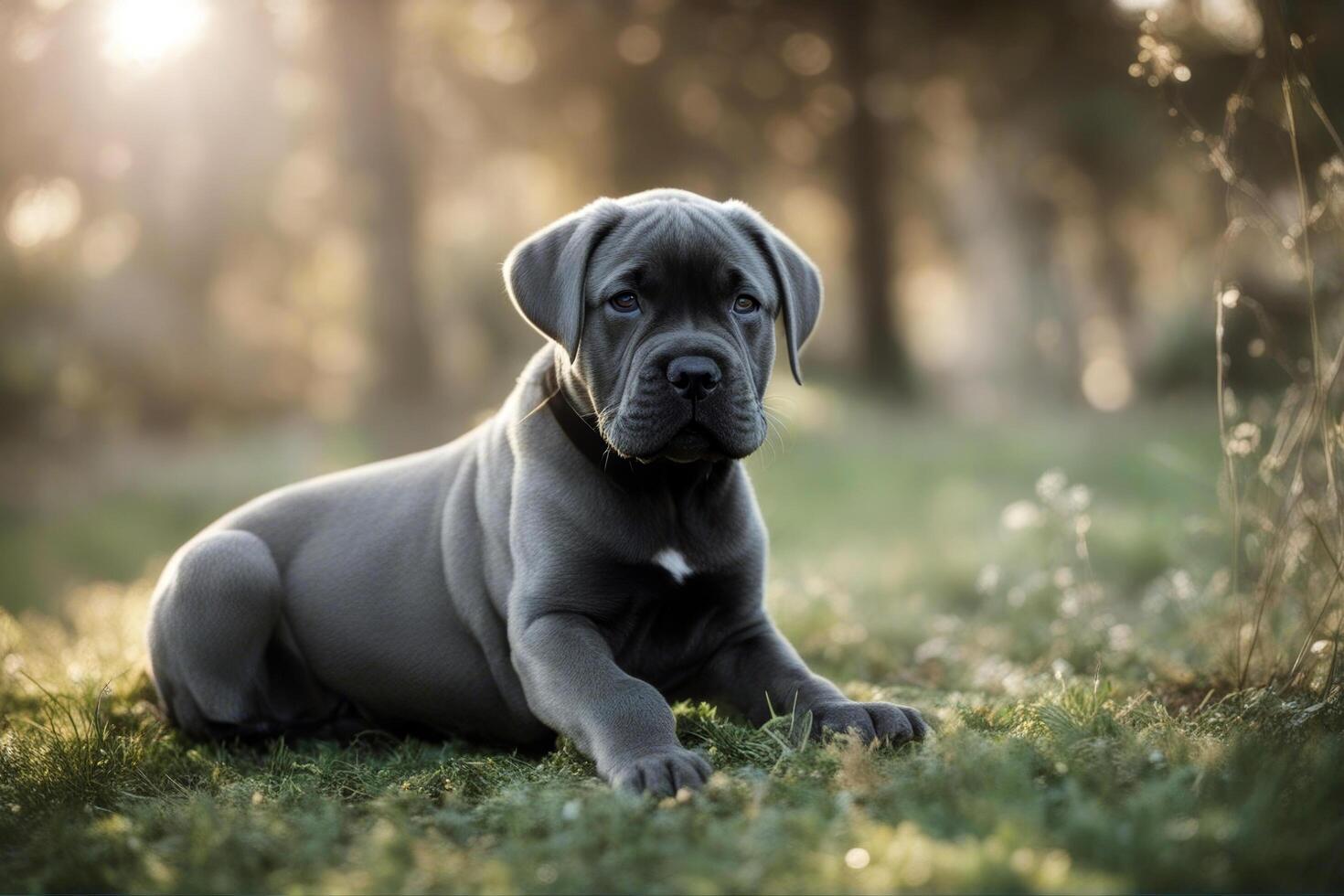 puppy corso dog grey cane pet italian wrinkly white background studio shot animal sleepy domestic pedigreed mastiff purebred young doggy photo