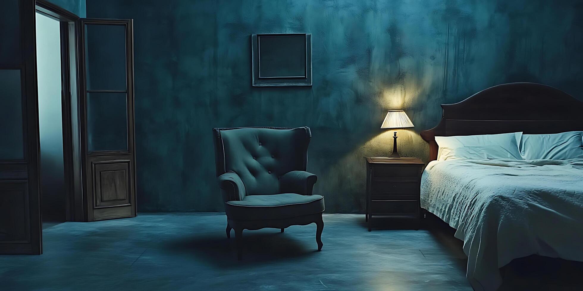 dark bedroom with a bed and chair background photo