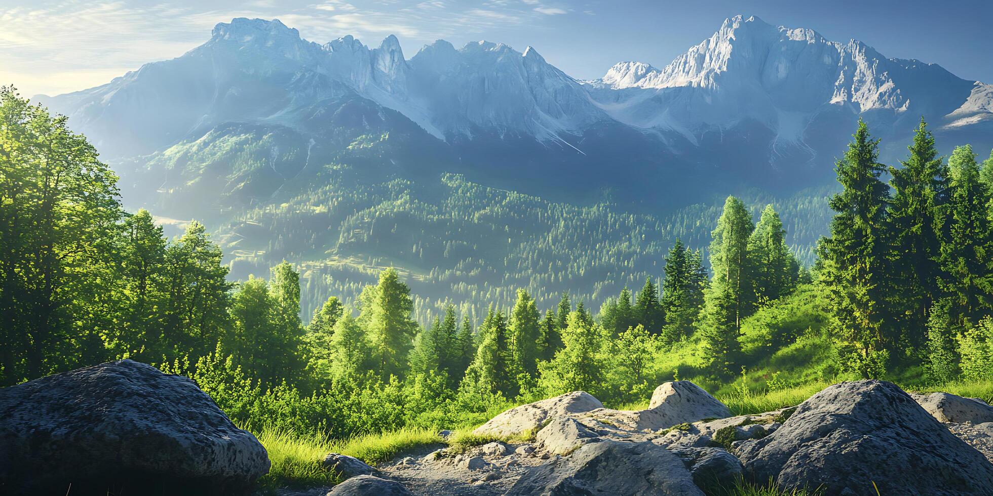 a beautiful mountain landscape with trees and rocks photo