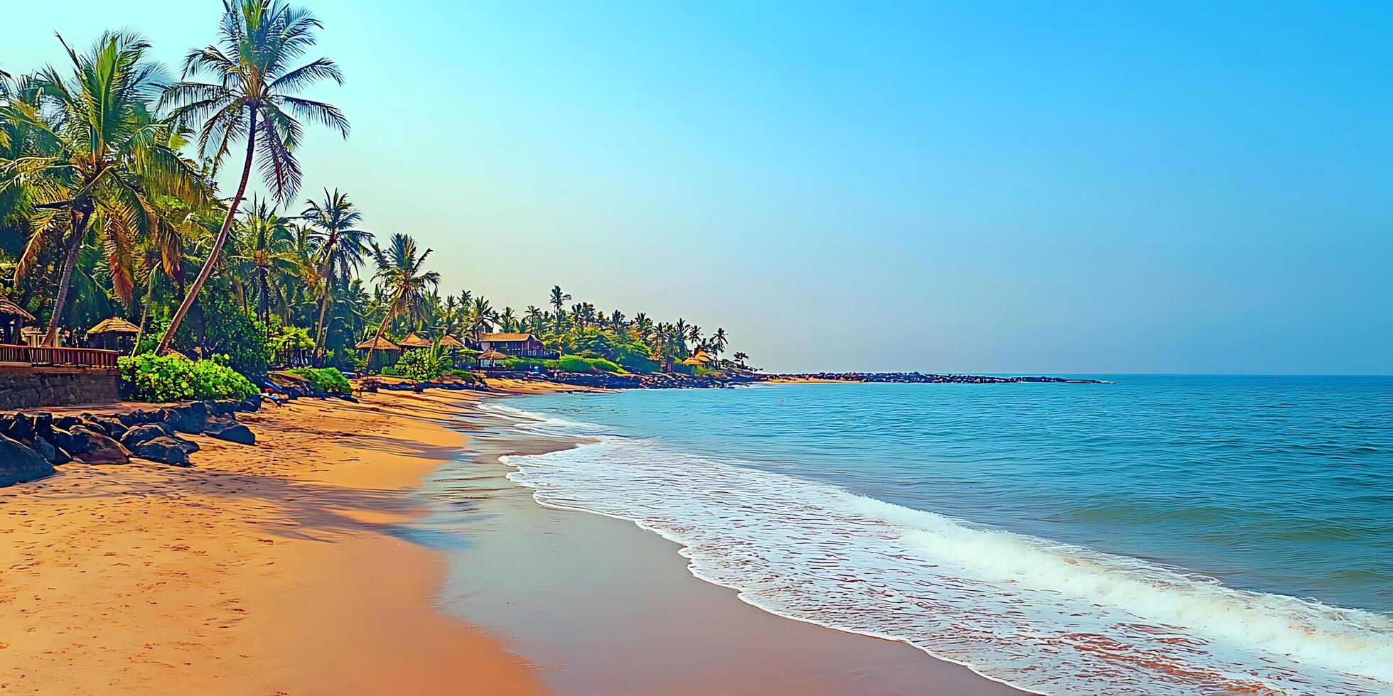 sandy beach with palm trees and a blue sky photo