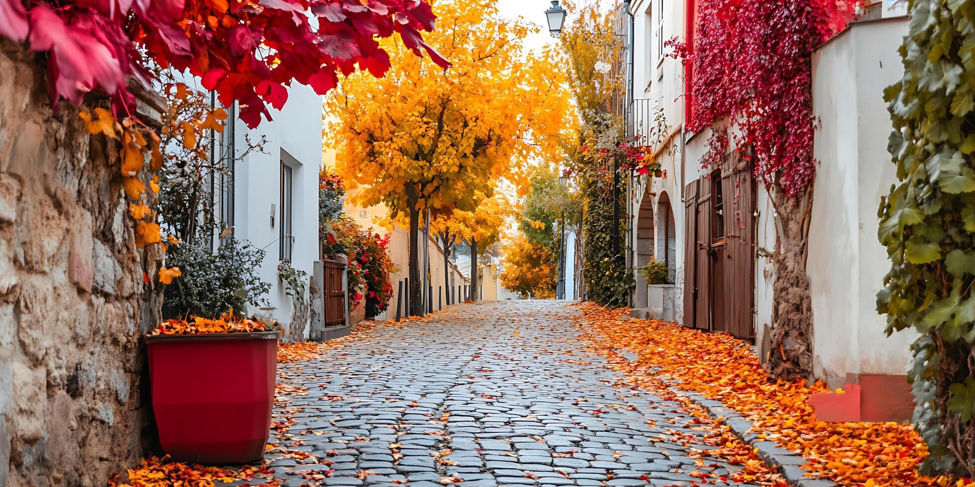 cobblestone street lined with colorful leaves photo