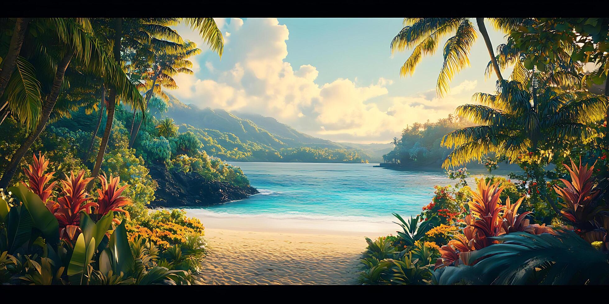 tropical beach scene with palm trees and water photo