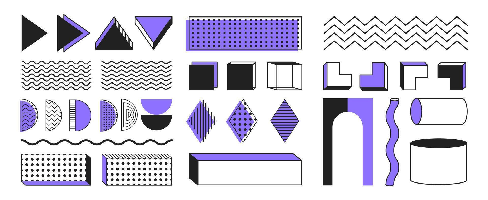 Memphis shapes and forms, geometric figures, sticker set, retro decorative graphic elements. vector