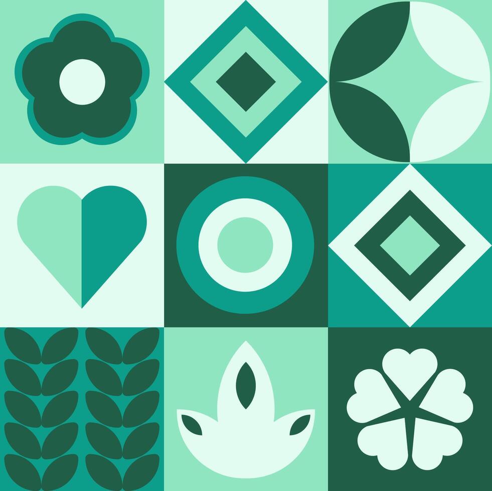 Geometric card with simple geometric shapes and figures and symbols. Retro set with forms and flowers. illustration. vector