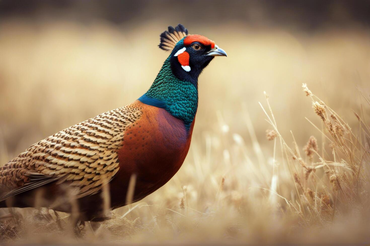 Male Pheasant bird wary exotic feeding fowl chinese wild hen forest neck runs game solitary tail wing nature field free upland photo