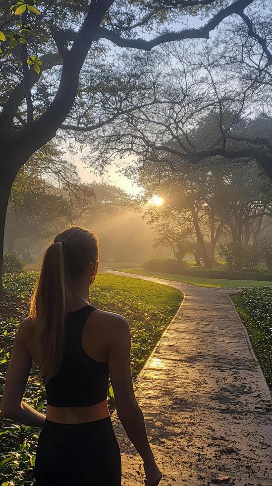 A woman walking in a park with a dog photo
