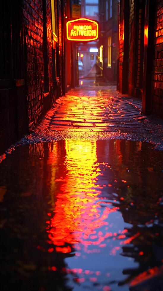 A street with a puddle of water and a neon sign photo