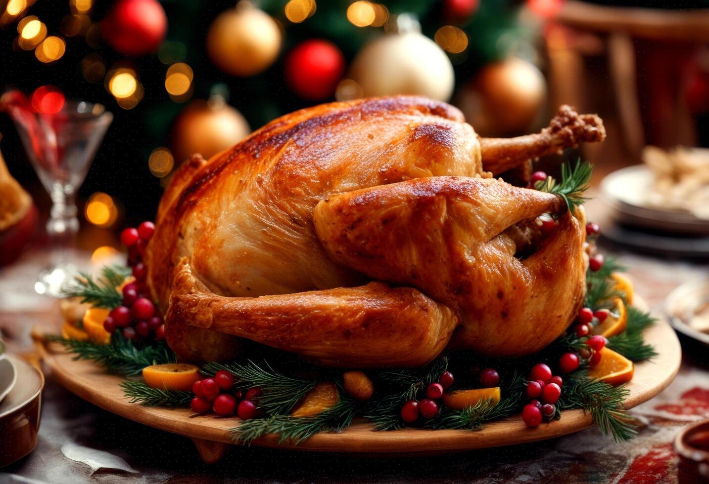 festive thanksgiving turkey feast wine traditional food roast holiday platter dining christmas delicious photo