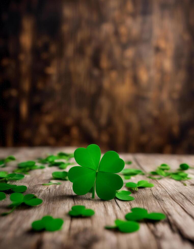 space symbol ai clover irish saint day green wooden background patrick table shamrock holiday s empty photo