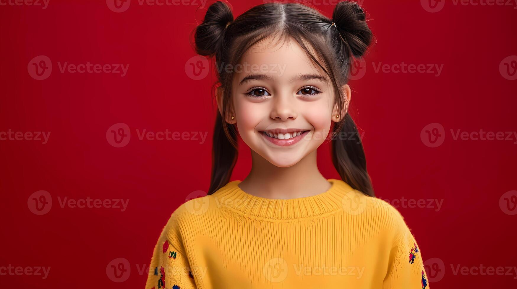 Portrait of smiling child wearing yellow sweater on red background photo