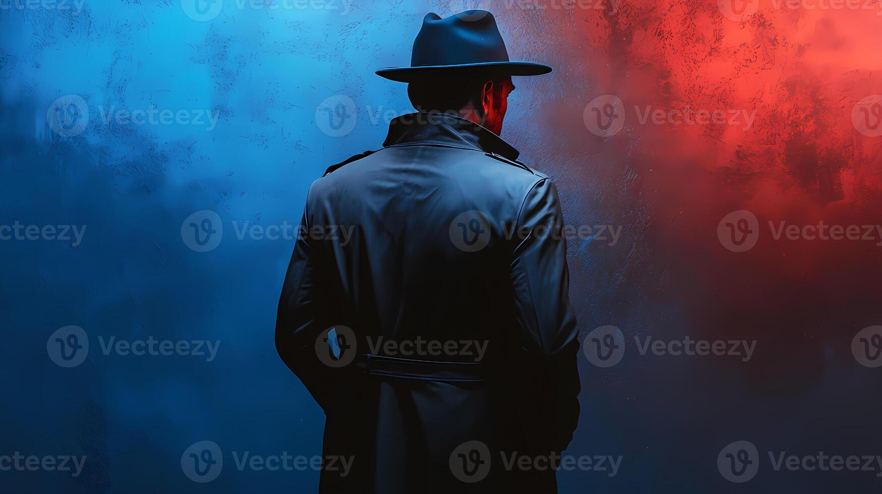 Mysterious man wearing trench coat and hat standing backwards in cinematic lighting photo