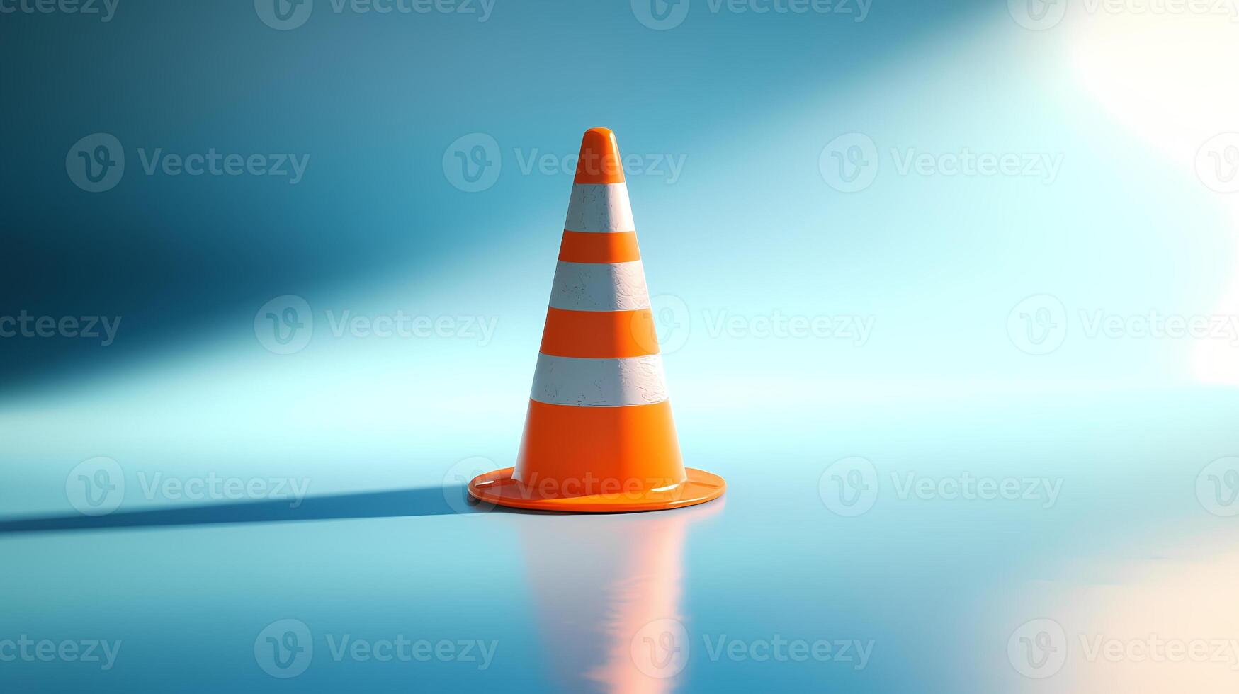 Orange and white traffic cone casting a shadow on blue background photo
