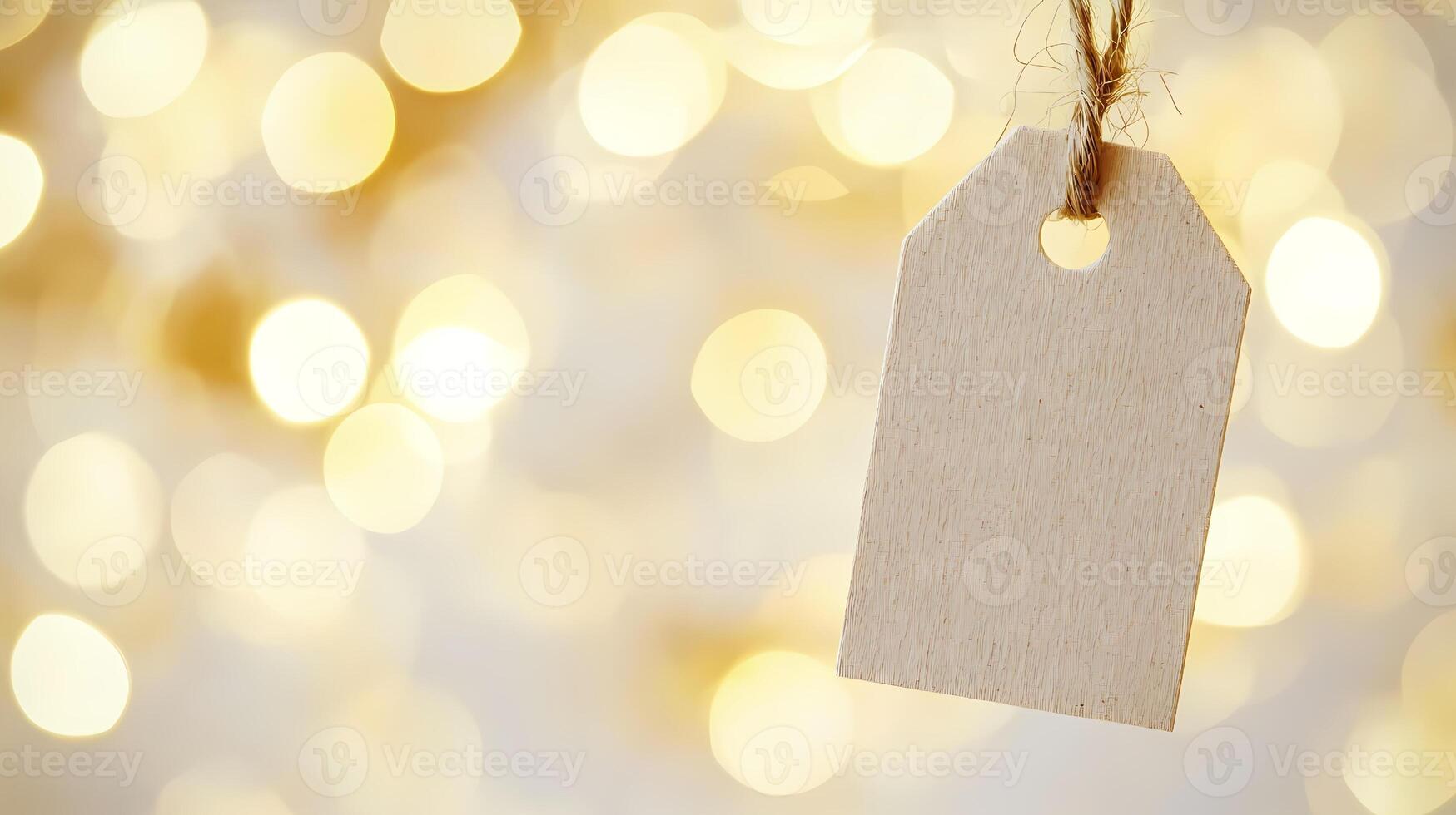 Blank wooden gift tag hanging with golden bokeh lights background photo