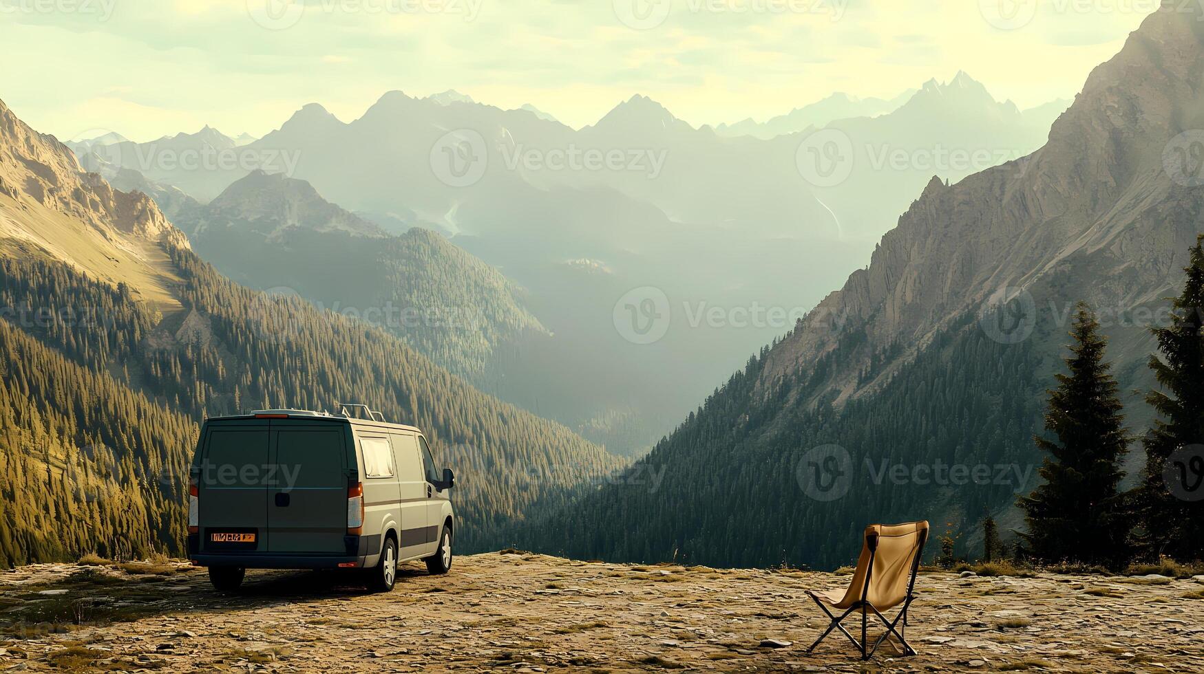 Camper van enjoying stunning mountain view at sunset in the alps photo