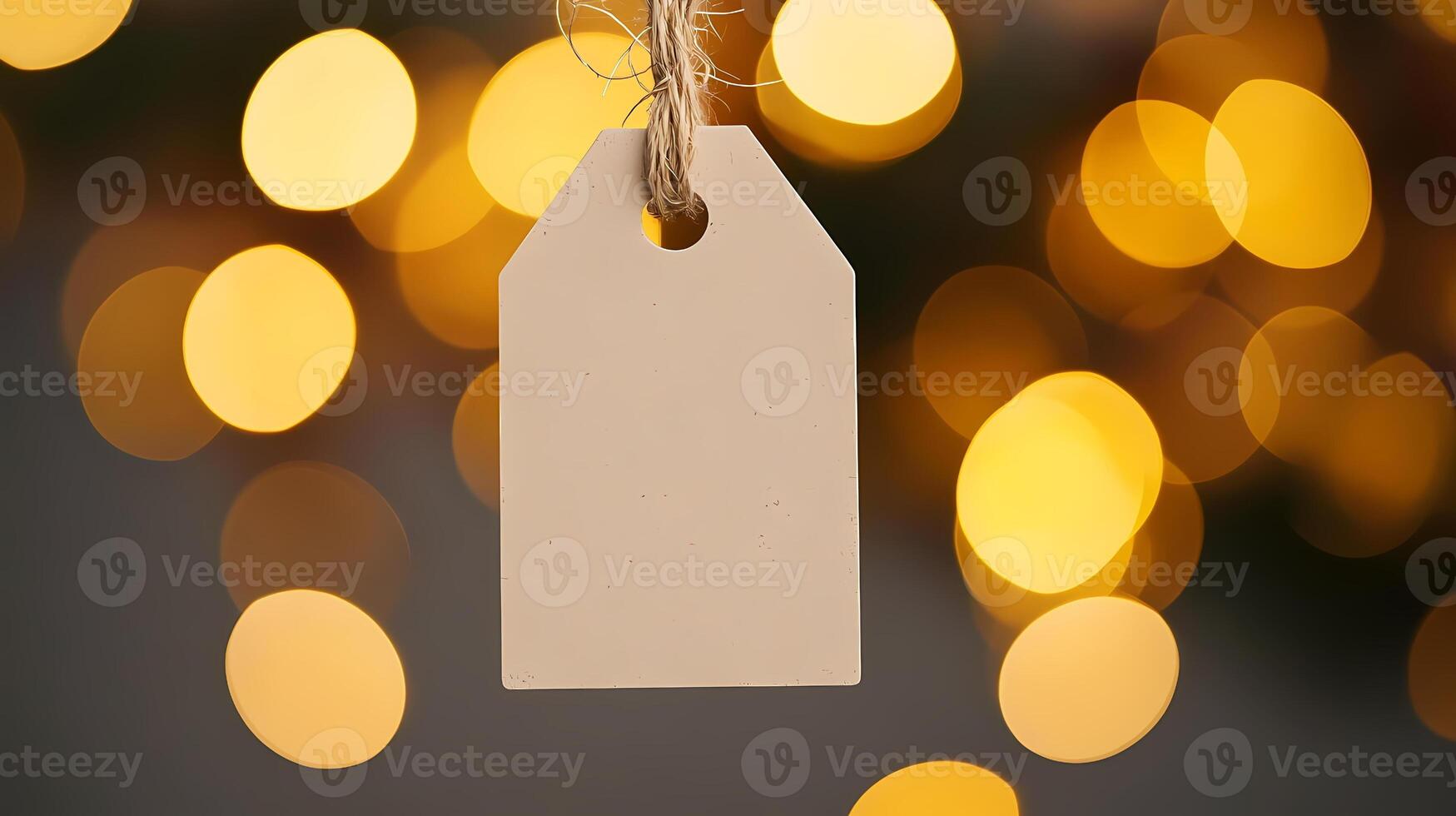 Blank beige label hanging with soft bokeh lights background photo