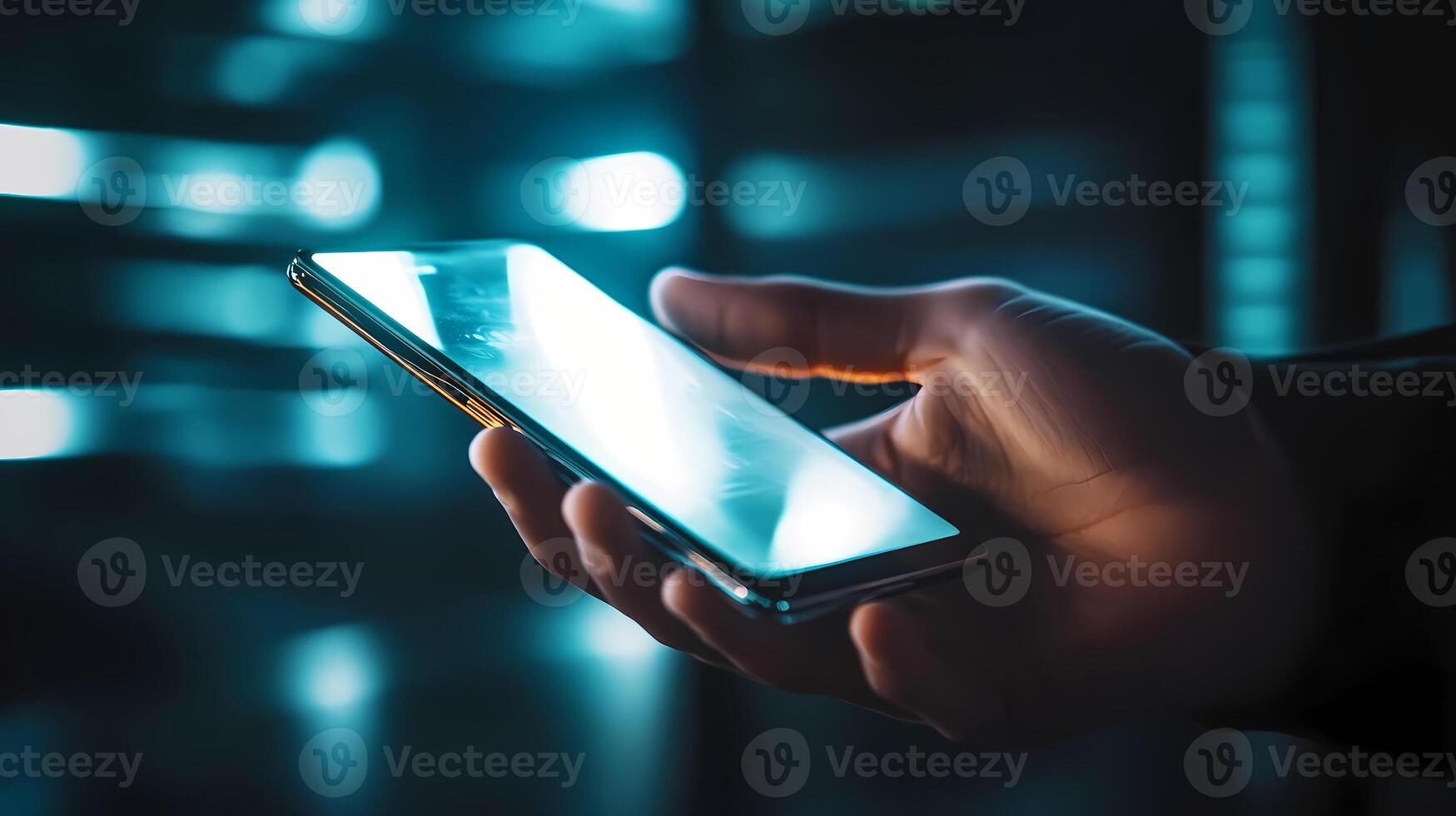 Programmer using smartphone in modern data center with cyber security in mind photo