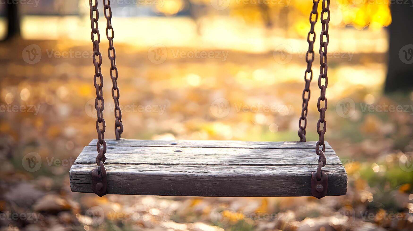 Empty swing hanging in autumn park during golden hour photo