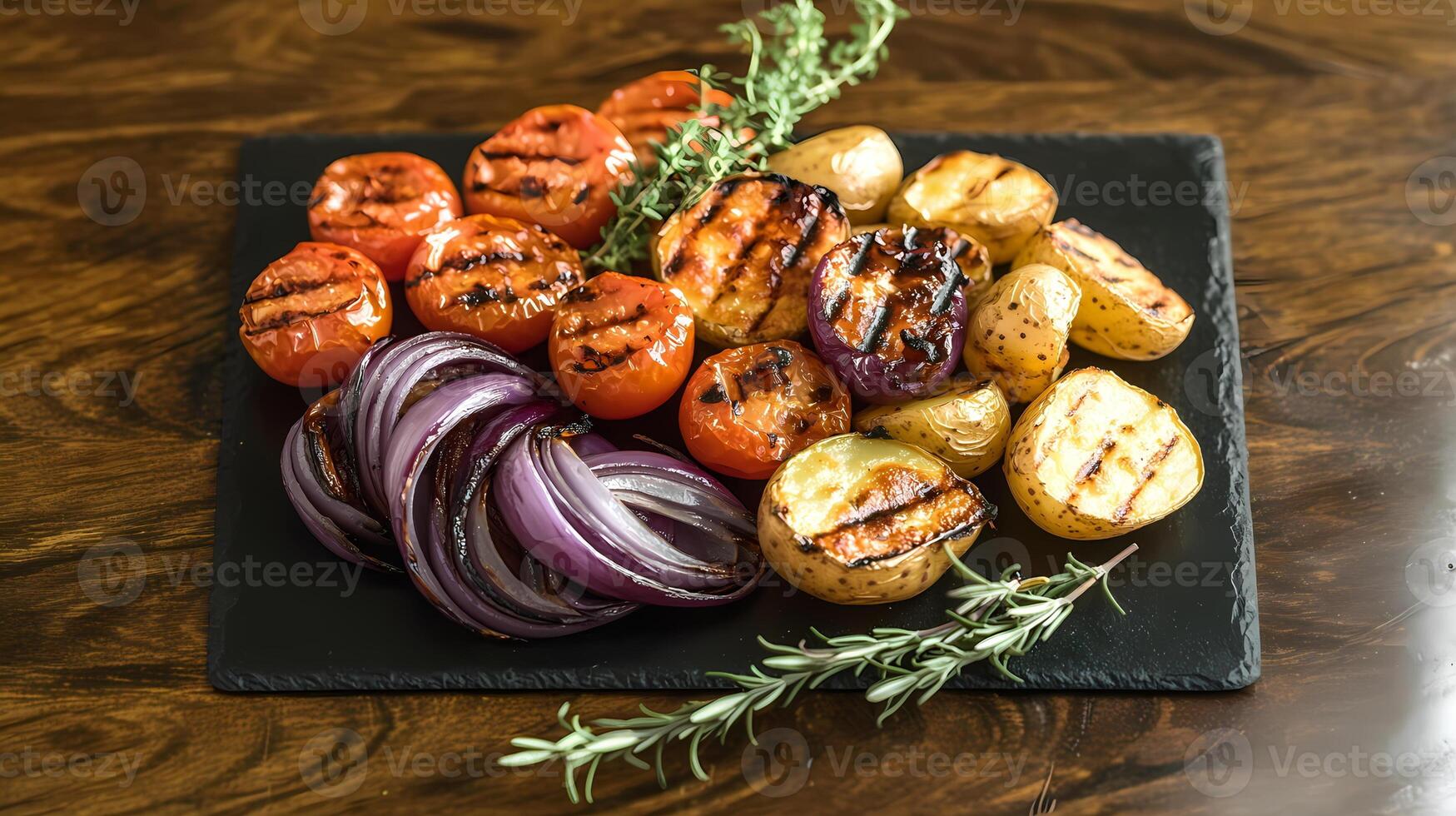 Grilled vegetables on slate with rosemary and thyme, creating a delicious and healthy meal photo