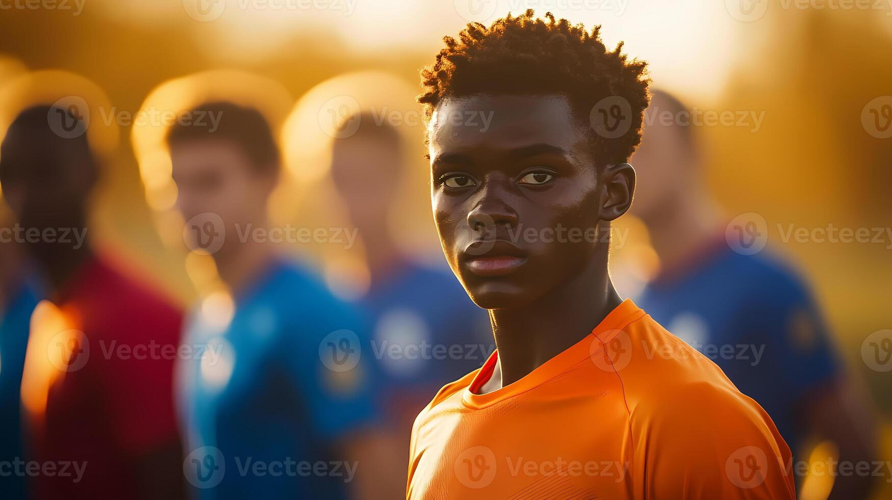 Young soccer player standing out from teammates during golden hour practice photo