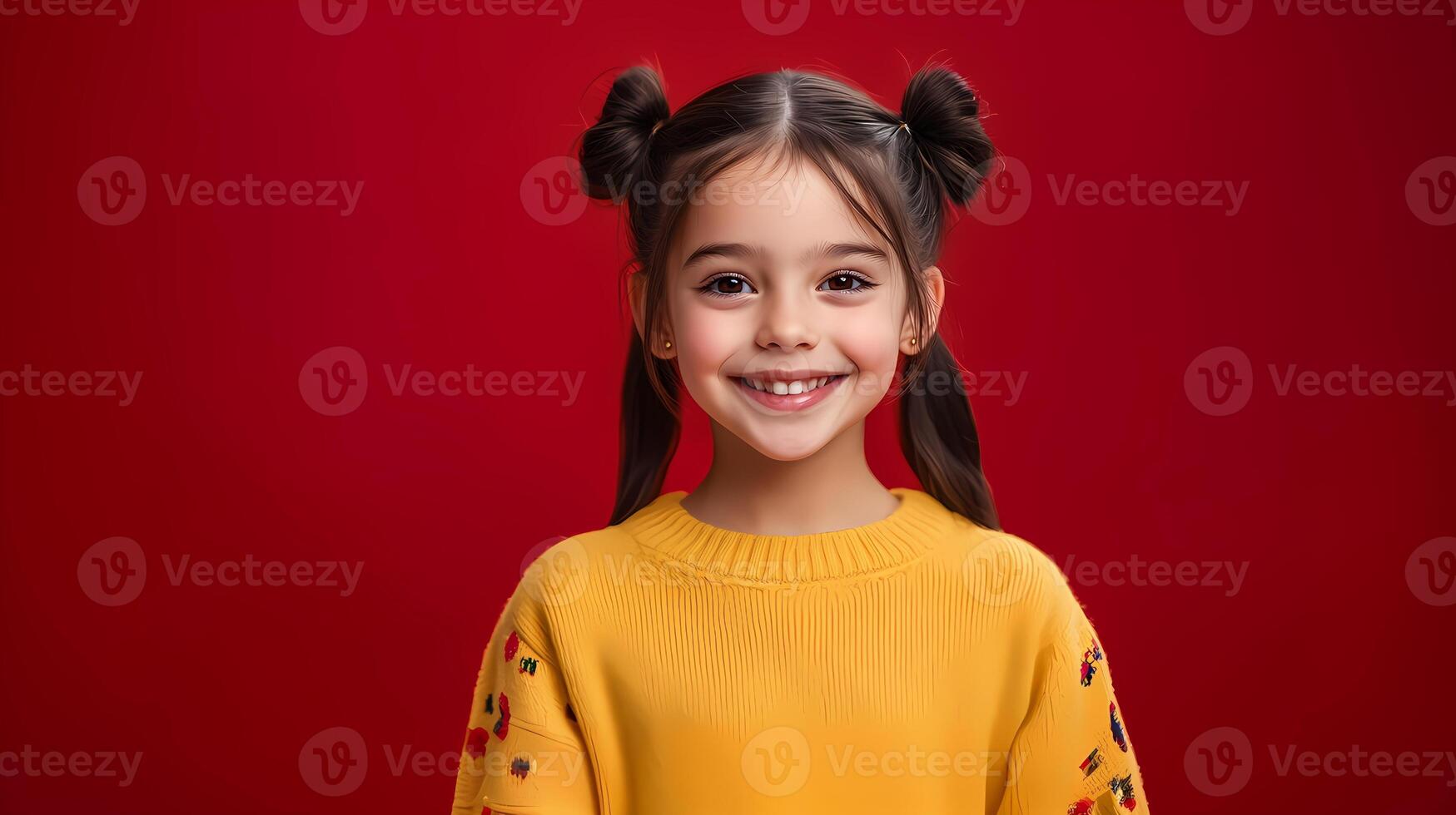Smiling girl with yellow sweater posing on red background photo