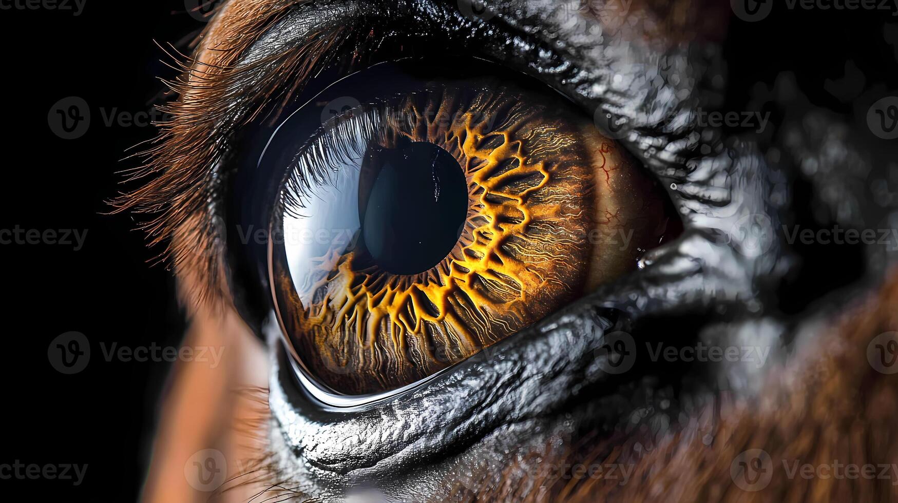Horse eye showing golden iris and pupil reflecting light photo