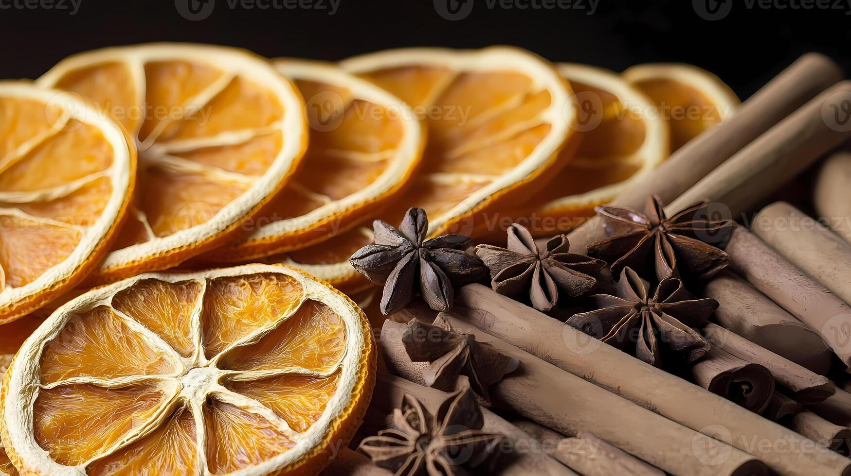 Dried orange slices and cinnamon sticks creating warm festive atmosphere photo