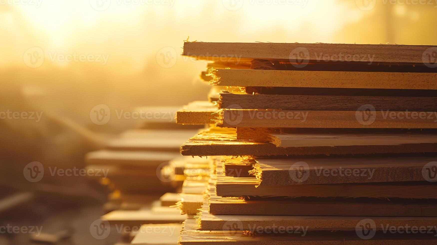 Stack of wood planks glowing in the warm sunset light photo