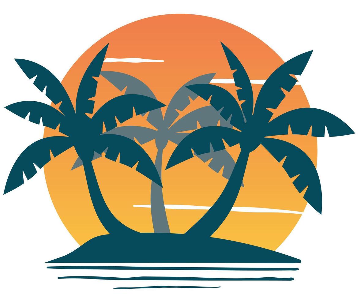 Sunset sky design with tropical palm trees silhouette, beautiful retro summer sunset tshirt or fabric print style vector