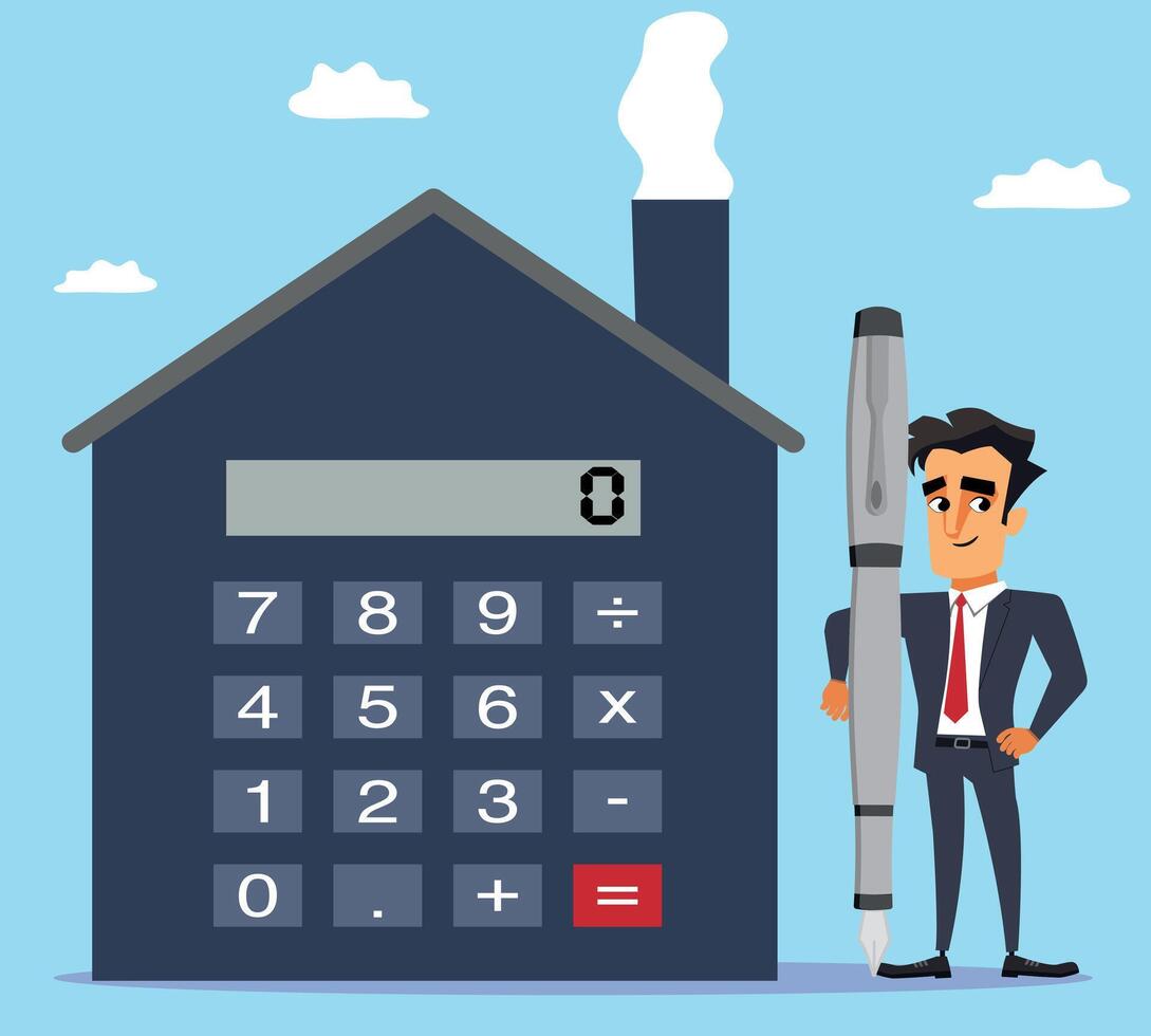 Property agent or broker holding a pen, Mortgage or rent calculation concept, household bill payment vector