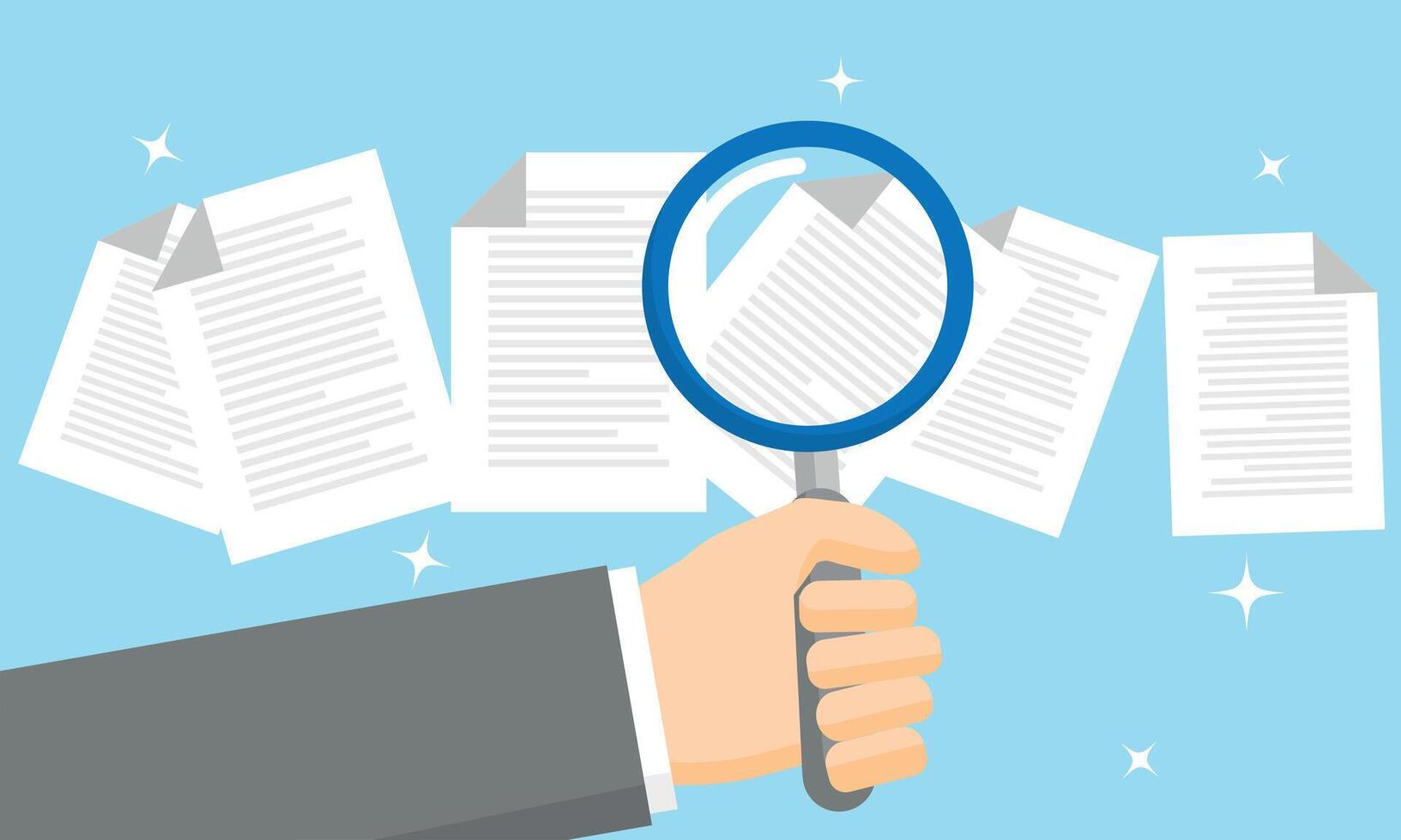 Magnifying glass inspection of documents or information, business contract reviewing, office paperwork analyzing vector