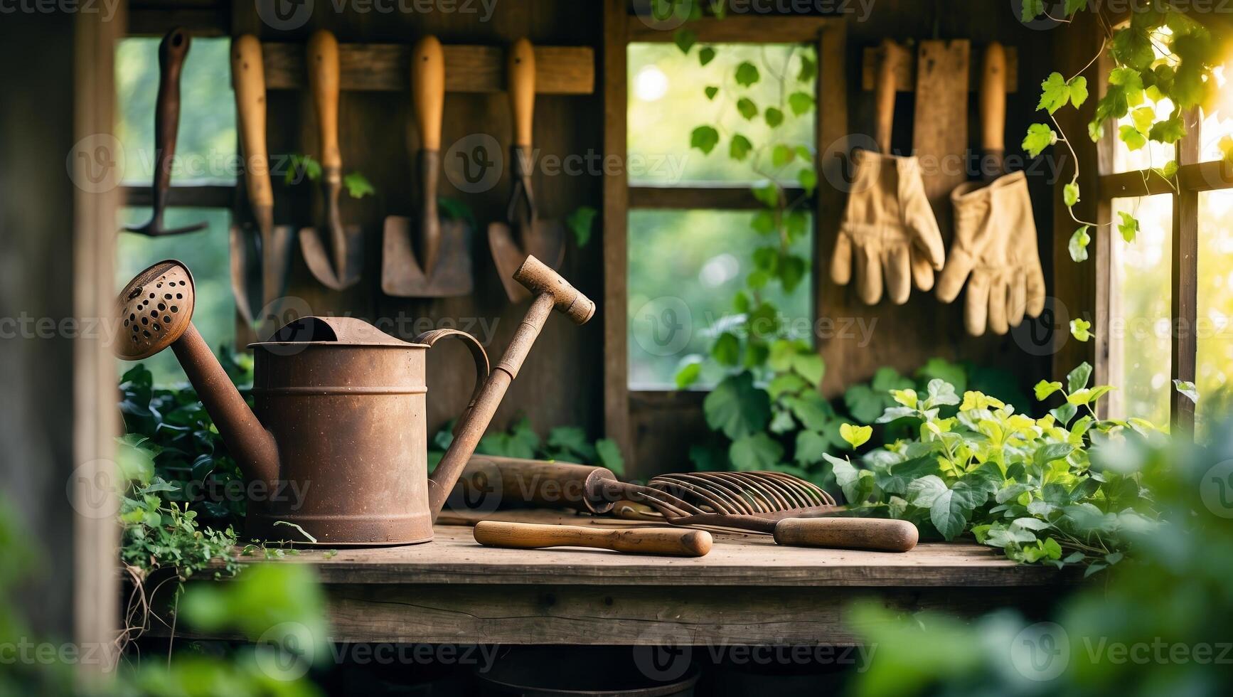 Rustic garden shed with vintage tools and greenery in warm afternoon light photo
