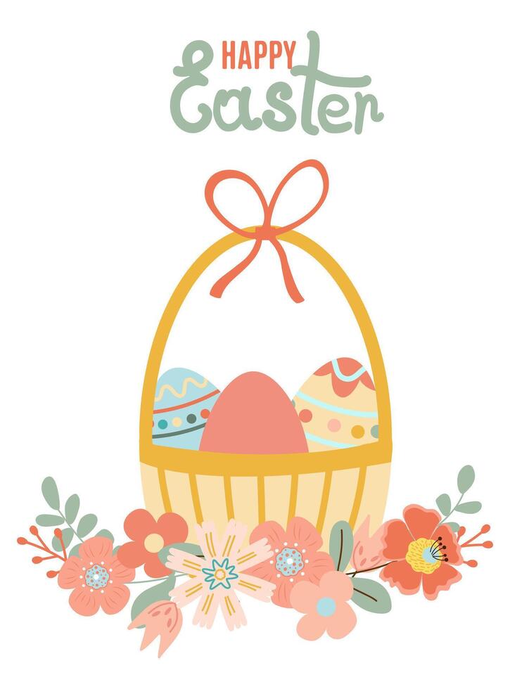 Happy easter. Spring flowers with the easter eggs in the basket on white background. Can be add text. Design for banner, poster, postcard. EPS10. vector