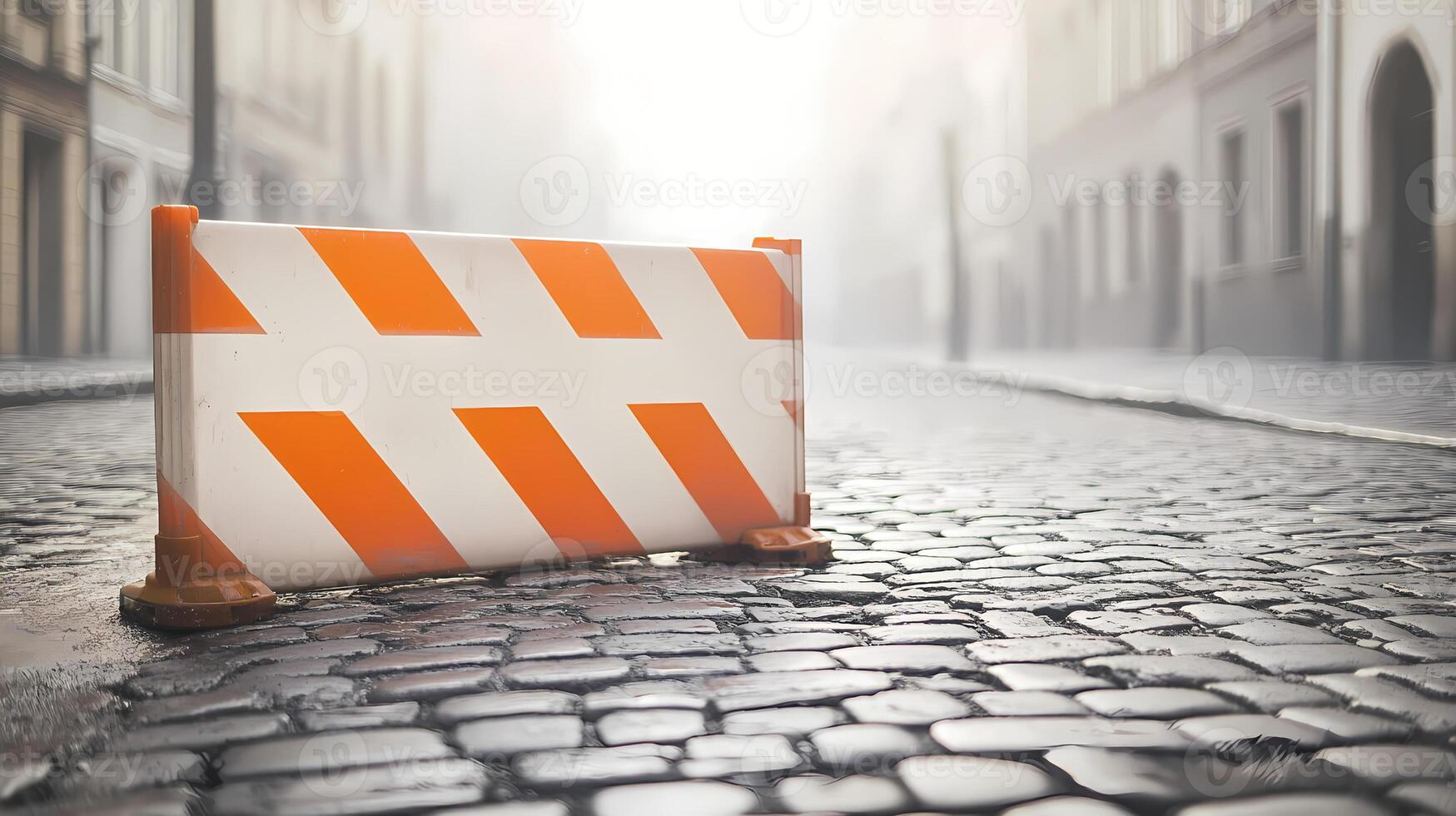 Orange and white traffic barrier blocking access to cobblestone street photo
