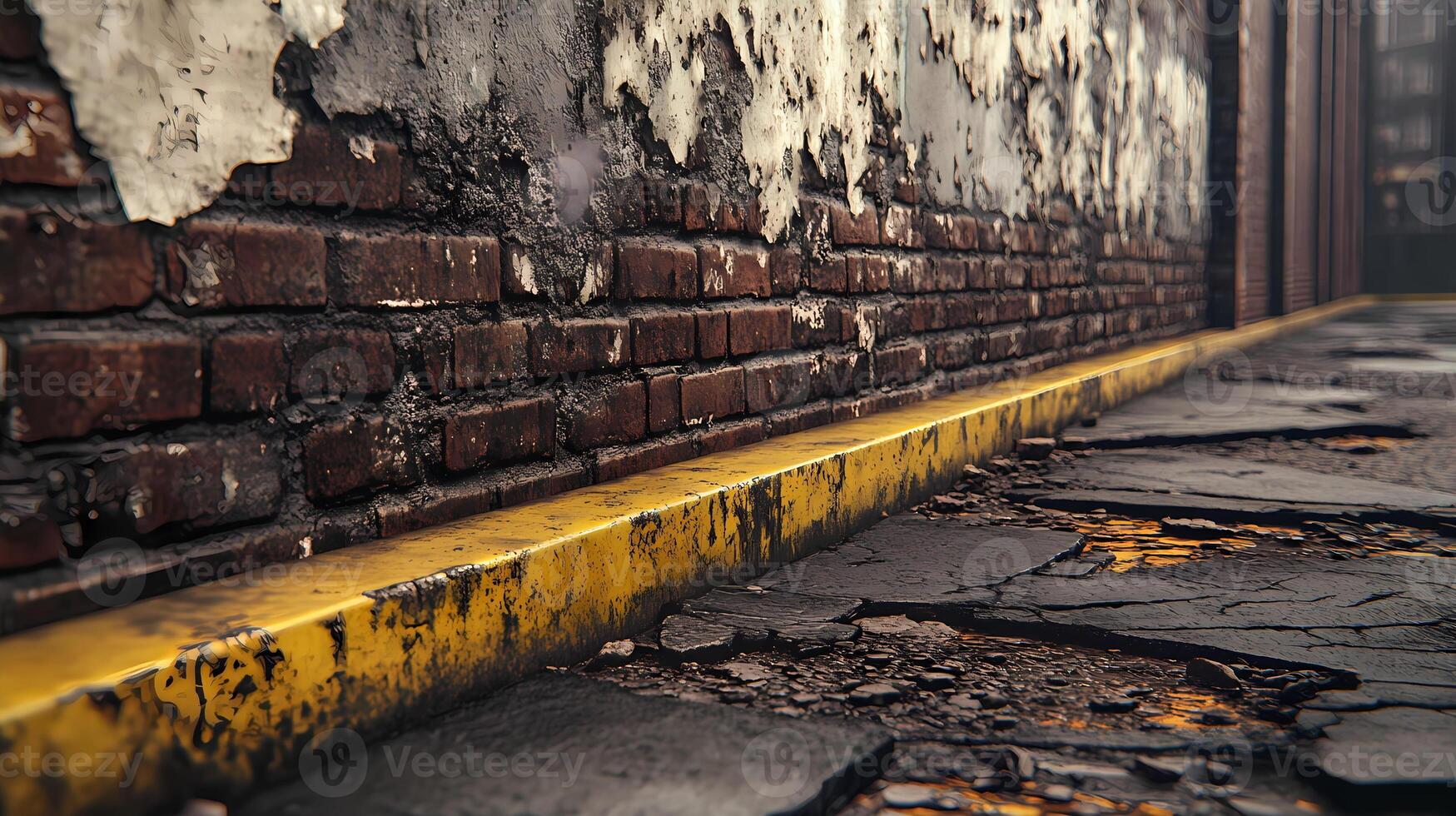 Crumbling back alley with yellow curb and deteriorating brick wall photo