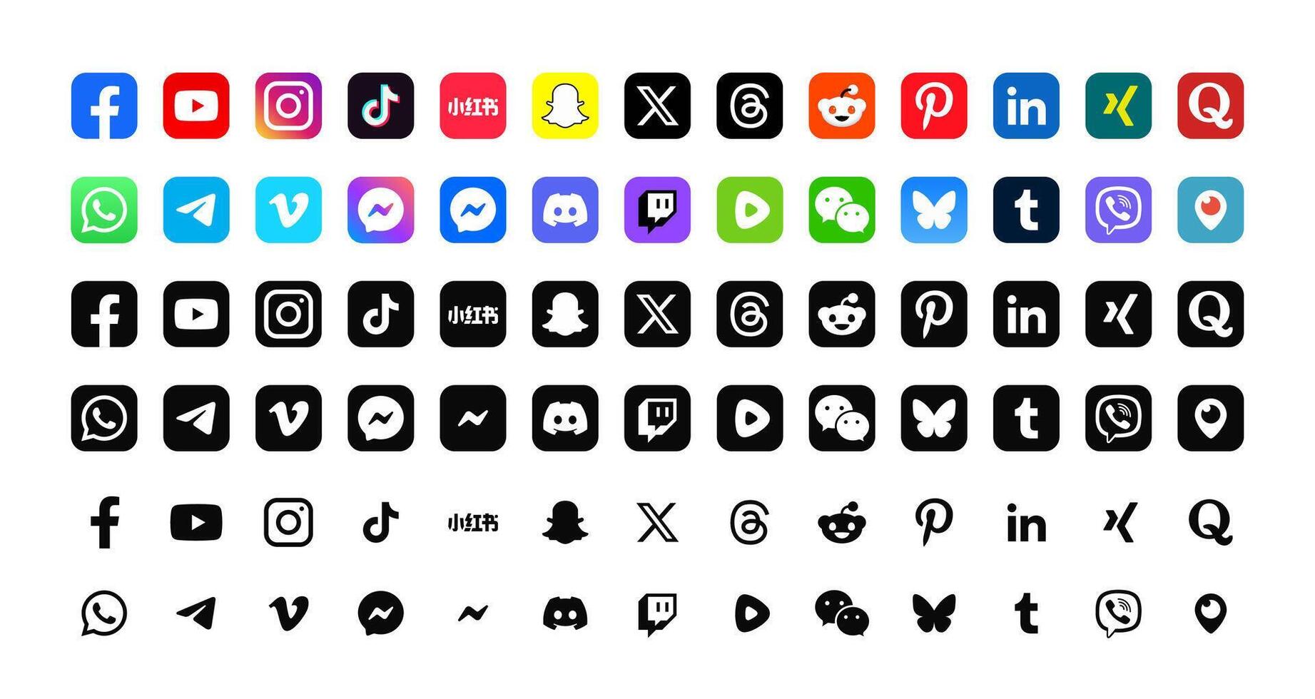 Set of popular social media logo icons. facebook, youtube, instagram, threads, x, linkedin, telegram, snapchat, whatsapp, reddit, rednote, pinterest, quora, discord, messenger, twitch etc vector