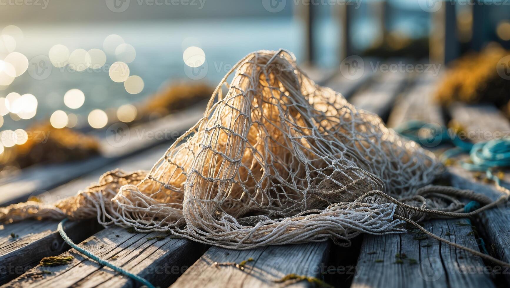 Fishing net rests on wooden pier at sunset, reflecting golden light on calm water photo