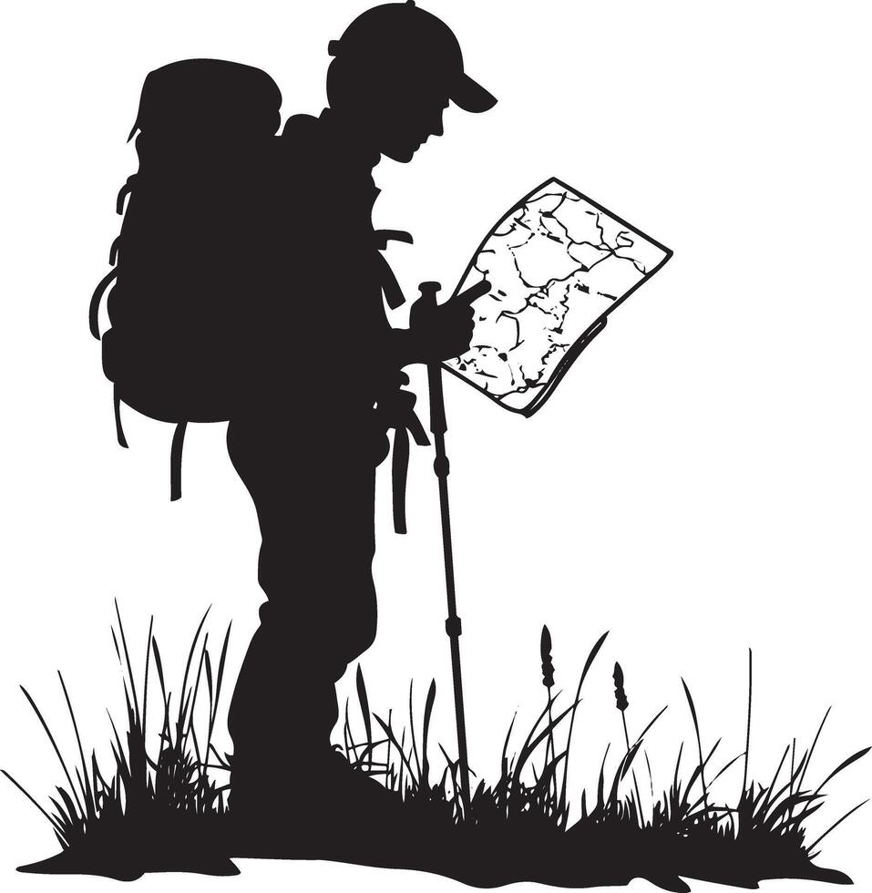 Silhouette of a Hiker with Backpack and Map Standing on Grass vector